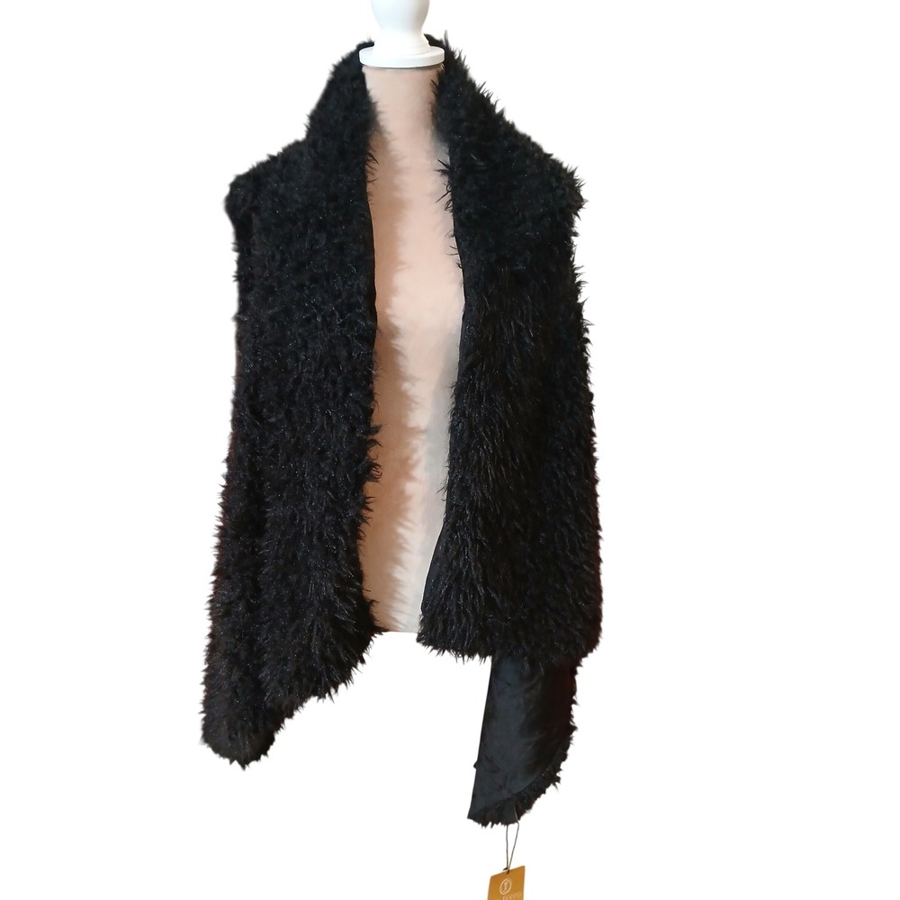 MY JESSY Black Shaggy Faux Fur Vest Women's Open Front Duster Style Luxe Cozy